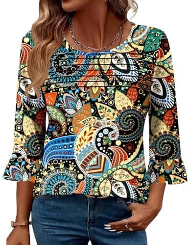 Blingfit Ladies Tops and Blouses 3/4 Sleeve Womens Business Top Pleated Tunic Floral Shirt for Womens Elbow Length Sleeve Shirt Trendy L - Image 1