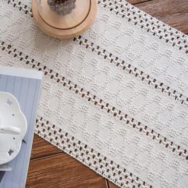 Alynsehom Macrame Table Runner Cream Beige Boho Table Runners with Tassels Hand Woven Cotton Table Runner Rustic Farmhouse Table Runners for Bohemian Kitchen Dining Table(12x48in) - Image 7