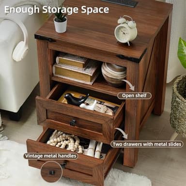 Joaxswe Nightstands Set of 2 with Charging Station, Farmhouse Side End Table with 2 Drawers and Open Shelf, Wood Rustic Sofa Table, Bedside Cabinet for Bedroom, Living Room, Closet, Office(Brown) - Image 6