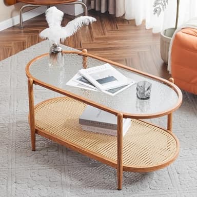 VINGLI 38" Rattan Oval Coffee Table, Water-Wave Glass Metal Center Table, Modern Coffee Table with 2-Tier Storage, Farmhouse Coffee Table for Living Room and Small Space, Natural Vibe - Image 9