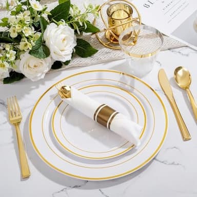 WELLIFE 350-Piece Gold Disposable Plates and Cutlery Set - Premium 10.25" Dinner Plates, 7.5" Dessert Plates, 9oz Cups & Cutlery for Weddings, Catering Events - 50 Guest Service - Elegant & Sturdy - Image 5