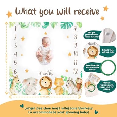 KooKooBaby Monthly Milestone Blanket, 47"x47" Premium Fleece Baby Blanket with Felt Marker, Safari Animals - Image 2