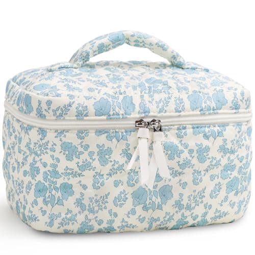 Prite Large Makeup Bag Cute Cosmetic Bag for Women Floral Coquette Aesthetic Toiletry Bag Travel Make Up Organizer Bag(Blue Flower) - Image 1