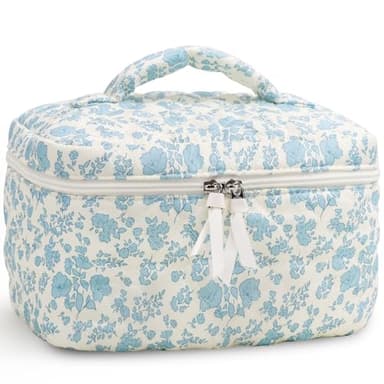 Prite Large Makeup Bag Cute Cosmetic Bag for Women Floral Coquette Aesthetic Toiletry Bag Travel Make Up Organizer Bag(Blue Flower) - Image 1