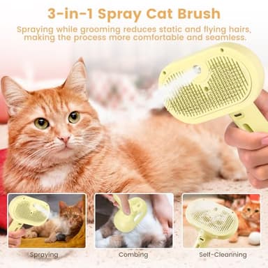 3 in 1 Cat Steam Brush, Pet Spray Hair Removal Comb for Shedding & Grooming, Water Brush for Cats Dogs Small Animals Long Short Haired with One-Click Release Button(Yellow) - Image 5