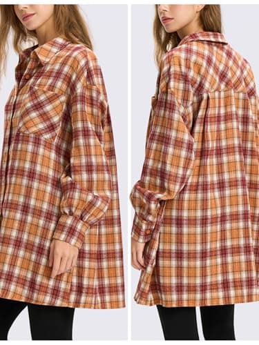 EXLURA Womens Plaid Flannel Shacket Long Sleeve Button Down Shirts Long Jackets Oversized Spring Fashion Outfits 2025 Clothes Orange Red - Image 5