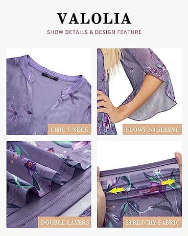 VALOLIA Women's 3/4 Sleeve Shirts, Dressy Tops For Women For Evening Party, Floral Tunic Shirts for Women Bell Sleeve Blouse Lightweight Comfy Tops Elegant Pleated Layered Swing Blouses Large Purple - Image 5