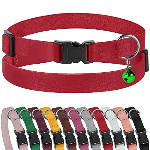 Muromto Leather Cat Collar Breakaway Adjustable Girl Boy Pet Collars for Cats Kitten Black Pink Green Brown Yellow Red White (Red) - Image 1