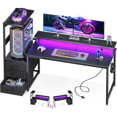 AODK 59 Inch Gaming Desk with USB Charging Ports & LED Light- Reversible Computer Desk with Storage Shelves & Monitor Stand, Modern Gamer Desk Table with Fabric Drawers & Side Hook, Carbon Fiber Black - Image 1