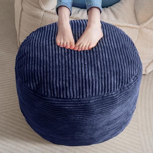HIGOGOGO Round Stuffed Pouf Ottoman, Corduroy Poufs with Foam Chunk Filling, Furry and Fluffy Pouf Foot Stool Storage Ottoman, 20 X 15 Floor Poufs Foot Rest for Living Room, Navy - Image 1