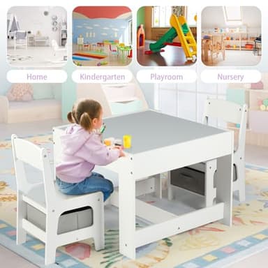 Kinder King Kids Wood Table & 2 Chairs Set, 3 in 1 Children Activity Table w/Storage, Removable Tabletop, Blackboard, 3-Piece Toddler Furniture Set for Art, Crafts, Drawing, Reading, Playroom, Grey - Image 7
