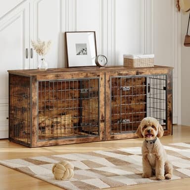HOOBRO Dog Crate Furniture for 2 Dogs, 63" Large Double Dog Crate Furniture with Divider, Wooden Indoor Kennel TV Stand for Medium Large Dogs, Rustic Brown BF55GW03 - Image 5