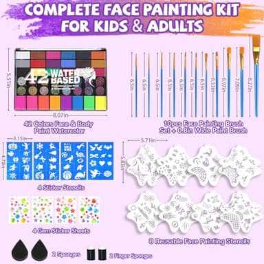 Professional Face Painting Kit for Kids – 42 Color Water Activated Facepaint Makeup Kit, Non-Toxic face Paint with Stencils, Gems, Brushes– for Halloween, Parties, Carnival, School Event & Festivals - Image 2