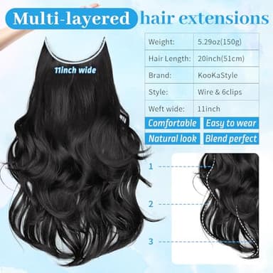 KooKaStyle Invisible Wire Hair Extensions Long Wavy Layered Synthetic Hair Extensions with Transparent Wire Adjustable Size 6 Secure Clips Black Hairpieces for Women 20 Inch - Image 7