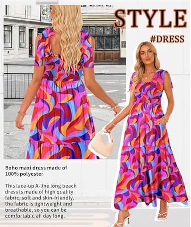 Women's Summer Maxi Dress Boho Spaghetti Straps Casual Long A-line Smocked Beach Dress Square Neck Flowy Sun Dresses Green Colorful XL - Image 2