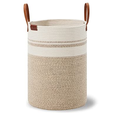 VIPOSCO Tall Laundry Basket, Large Dirty Clothes Hamper with Leather Handle, Woven Rope Storage Basket for Blanket, Toy In Living Room, Bathroom, Bedroom - 72L Brown & White - Image 8