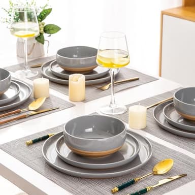 AmorArc Ceramic Dinnerware Sets for 4, 12 Pieces Handpainted Plates and Bowls Set with Rustic Terracotta Underside, Scratch Resistant Stoneware Dishes Set, Dishwasher & Microwave Safe, Gray - Image 6