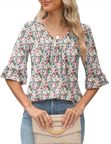 LOMON Boho Tops for Women 3/4 Length Sleeve Shirts Summer Casual V Neck Ruffle Half Sleeve Blouses White Red Floral L - Image 1