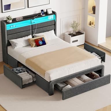Seventable Twin Size Bed Frame with 3 Storage Drawers & Charging Station, Upholstered Platform Bed with Storage Headboard and LED Light, No Box Spring Needed, Noise Free, Easy Assembly, Dark Grey - Image 4