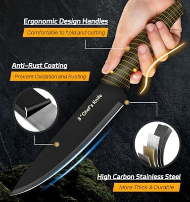 XANAPON Knife Set, 14 Pieces Kitchen Knife Set, High Carbon German Stainless Steel, Dishwasher Safe Cutlery with Sharpener, Black - Image 5