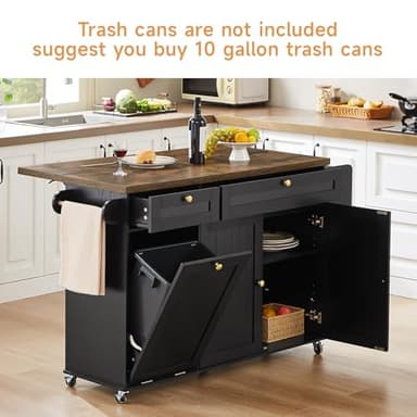 60" Kitchen Island with Power Outlet & Drop Leaf, Kitchen Rolling Island with Spice Rack & Towel Rack, Knife Holder, Kitchen Island Cart with Trash Storage Cabinet, Mobile Island Table for Kitchen - Image 7