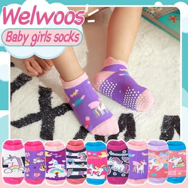 Welwoos Baby Girls Toddlers Grips Socks Kids Non Slip Anti Skid Ankle Unicorn Gift Cotton No Show Socks with Grippers 9 Pairs (Rainbow Unicorn, 3-5 Y) - Image 2