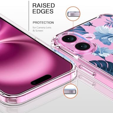bicol for iPhone 16 Plus Case with Screen Protector, Enhanced Camera Protection, Crystal Acrylic Clear with Fashionable Pattern Designs for Girls Women, Slim Fit Protective Phone Cover, Blue Leaves - Image 2
