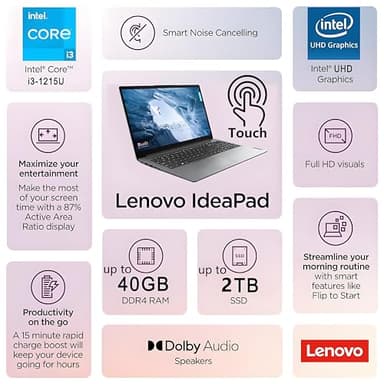 Lenovo Ideapad Laptop, 15.6" Touchscreen FHD Computer, Intel 6-Core Processor (Beat i5-1155G7), 40GB DDR4 RAM, 1TB PCIe SSD, WiFi 6, Type-C, HDMI, Cloud Grey, Windows 11 Pro S, BEF-ectoy USB C Hub - Image 2
