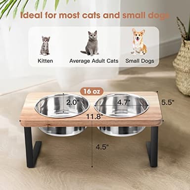 Siooko Elevated Cat Bowls, 15° Tilted Raised Cat Food Bowls Wood Pet Bowls with Stand Anti Vomiting 2 Stainless Steel Bowls for Cats and Puppy - Image 5