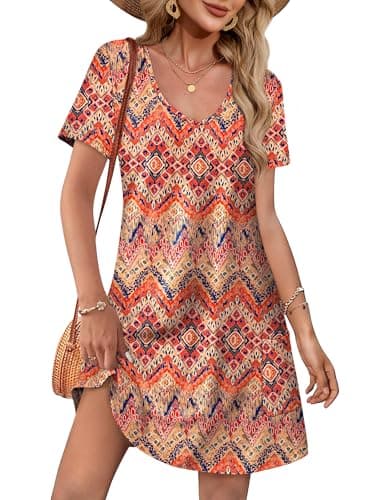 OFEEFAN Sundresses for Women 2025 Beach Vacation Clothes Fashion Short Sleeve Dresses Swimsuit Coverup Loose V Neck Swing T Shirt Dress with Pockets Floral 02 L - Image 1