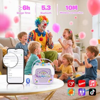 Mini Karaoke Machine for Kids Girls: Unicorn Portable Bluetooth Speakers with 2 Wireless Mic Toys for Girls Age 4-6 7 8 9 Years Old Girl Gifts Birthday Gifts for 5 6 7 8 9 10 11 Years Teens Purple - Image 2