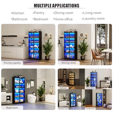 Display Cabinet with Doors and Adjustable Shelves, 65" Tall Bookcase with LED Lights/Human Sensor, 5 Tier Display Case for Collectibles Bedroom Living Room Office, Black - Image 6