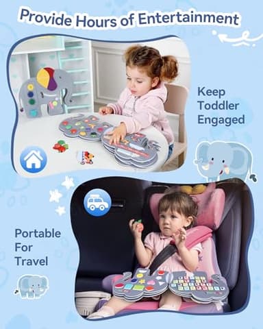 Heypappy Busy Board, 12 in 1 Educational Busy Book Learning Sensory Toys for Toddlers with Fine Motor Skills, Busy Book Toys with Backpack Strap, Elephant Shape - Image 7