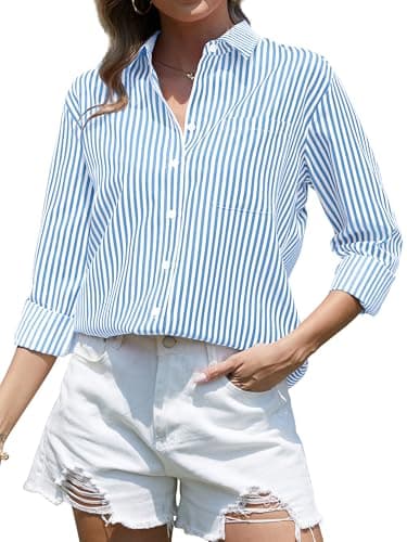 CUNLIN Light Blue Button Down Shirt Women Long Sleeve Blouses for Shirts Striped Womens Tops Blouse Cotton and Fashion Light Blue Size L - Image 1