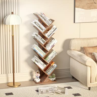 SHEEPAM 10 Tier Tree Book Shelf, Floor Standing Wood Bookshelf for Narrow Space, Storage Organizer Bookshelves for Books/CDs/Magazine, Bookcase with Shelves for Home Office, Living Room - Brown - Image 4