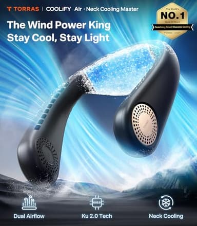 TORRAS COOLiFY Air 2025 Upgraded Neck Fan Air Conditioner, Dual-Airflow Pro Cooling, Ultra Light Portable Fan Rechargeable, Personal Cooling Fan Travel Essentials, Gifts for Dad Husband Father, Black - Image 2
