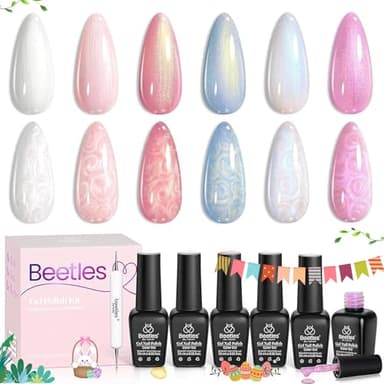 Beetles Pearl Gel Nail Polish Set - 6 Colors Pearl White Gel Nail Polish Mermaid Soak Off Uv Led Fall Winter Pink Blue Polish Swirl Thread Effect DIY Manicure Art Gift for Women - Image 8
