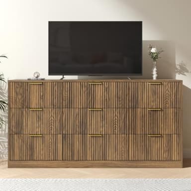 NOVAMAISON Dresser for Bedroom with 9 Drawer, 63” Wide Wooden Dresser Mid Century Chest of Drawers with Metal Handle, Dressers TV Stand Storage Organizer for Closet, Bedroom, Living Room, Walnut - Image 7