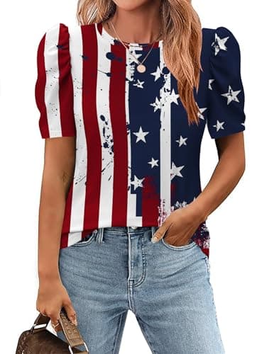 Zeagoo Shirts for Women 2025 Summer Tops American Flag Blouses Business Work Tunic Tee Puff Sleeve Tshirts - Image 1
