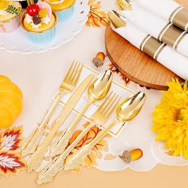 Liacere 400PCS Gold Plastic Silverware - Pre Rolled Napkins Disposable Gold Plastic Cutlery-Premium Quality Utensils-Includes 100Forks,100Knives,100Spoons,100Napkins&Wedding&Thanksgiving - Image 5