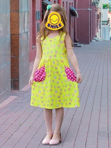 Vieille Toddler Girls Dresses 3-4t Summer Sleeveless Sundress with Pocket Cute Yellow Flower Print Shirt Dress for Girl 3-4 Years Old - Image 2
