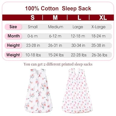 PHF 100% Organic Cotton Baby Sleep Sack, 2-Way Zipper Baby Wearable Blanket, 18-24 Months TOG 0.5 Toddler Sleeping Sack, 2 Pack Sleeveless Soft Sleeping Bags for Baby Boys Girls, X-Large, Floral - Image 4