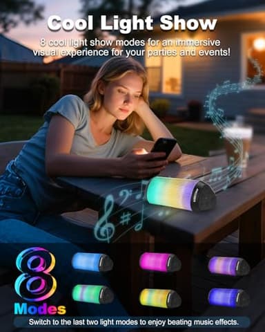 Bluetooth Speaker, Portable Wireless, Powerful Sound with Cool Lights, IPX4 Waterproof, TWS Pairing, BT5.3, for Outdoor/Indoor/Party/Shower, Electronics Gadget, Stocking Stuffers, White Elephant Gifts - Image 3