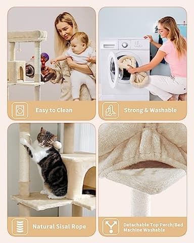 PETEPELA 56.3 Inches Multi-Level Cat Tree Cat Tower with Sisal Covered Scratching Posts, Comfort Condo, Extra Large Hammock and Plush Perches Beige - Image 5
