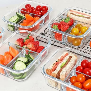 KOMUEE Glass Meal Prep Containers 3 Compartments, 5 Pack 36 oz, Glass Food Storage Containers with Lids, Airtight Lunch Bento Box, Portion Control, Freezer and Microwave Safe - Image 2