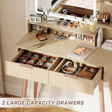 IKALIFE Fluted Makeup Vanity Desk with Mirror and Lights, 3 Color Modes & Adjustable Brightness Dressing Table, Small Vanity Table Set with 2 Drawers & Storage Shelves for Bedroom, Oak 31.5" - Image 5