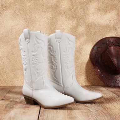 DREAM PAIRS Women's Cowboy Boots Pull On Cowgirl Boots Mid Calf Western Boots, Available in Regular and Wide Calf,Size 9,White,SDMB2218W - Image 3