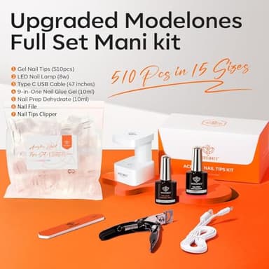modelones Gel Nail Kit Almond, Upgrade 15Sizes Fake Nails, 9-in-One Glue Dehydrator & Mini U V Light Clipper, 510Pcs Medium Almond Press on Tips for Extension DIY Salon Home Gift - Image 7
