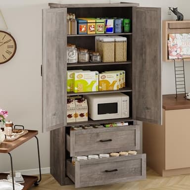 BORNOON Pantry Organizers and Storage Cabinet, 71” Barn Door White Kitchen Cabinet with Drawers and Adjustable Shelf, Tall Pantry for Kitchen, Dining Room, Living Room. Bathroom and Office - Image 3