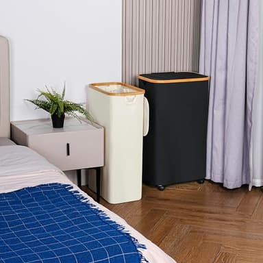 efluky Slim Laundry Basket with Lid, Narrow Laundry Hamper with Removable Bag, Skinny Dirty Clothes Basket with Bamboo Handles for Bathroom, Bedroom & Laundry Room, 75L Beige - Image 2